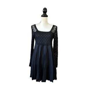 KRISTY Black Lace Pleated Babydoll Mini Dress Long Sleeves 90s Goth Witchy M